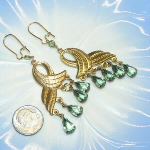 Chandelier Earrings Textured Metal with Green Drops - Picture 1 of 6
